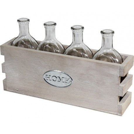 Medinė dėžutė su 4 stikliniais stikliniais buteliukais